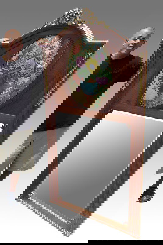 6 ft tall FRENCH MIRROR: LARGE FRENCH ORMOLU MOUNTED MIRROR: Beveled looking glass surmounted by an oval painted floral still life painting. Ormolu swags on fluted sides. Approx. 6 ft 1'' x 41'' Note missing corner molding