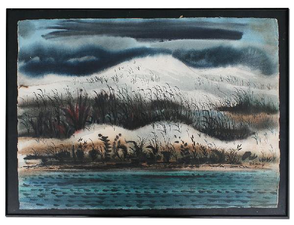 MICHAEL FRARY TEXAS WATERCOLOR PAINTING: FRARY, Michael, (American, 1918-2005): Ocean and Dunes in the Storm, Watercolor, 22" x 30", signed, framed 24" x 33".