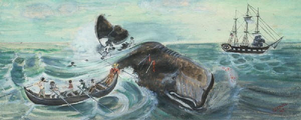 PRIMITIVE WHALING PAINTING SIGNED STAHL: PRIMITIVE WHALING PAINTING SIGNED STAHL: Watercolor/Gouache, 6" x 14", dated '42, framed, 10" x 18".