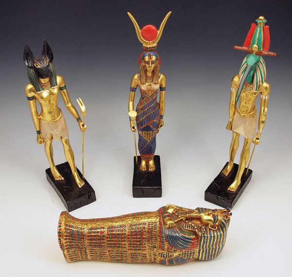 EGYPTIAN COLLECTIBLES ARTISANS GUILD INTERNATIONA: EGYPTIAN COLLECTIBLES from ARTISANS GUILD INTERNATIONAL: 4 pieces to include, Canopic Coffin 9 1/2" x 3 1/2" x 3"; Anubis 10 3/4" x 4" x 2"; Seth 12 1/4" x 4" x 2"; and Thoth 12 1/4" x 4" x 2". Purcha