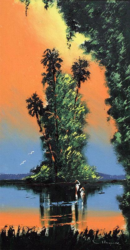 JOHN MAYNOR FLORIDA HIGHWAYMEN PAINTING: MAYNOR, John, (American, 20th Century): Florida Highwaymen, ''Sunset Backwater'', OIL/Masonite, signed lower right, 22'' x 12'', framed, 23 1/2'' x 13 1/2''.