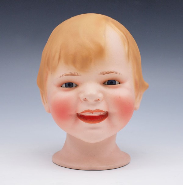 HELEN JENSEN GLADDIE DOLL HEAD: BISCALOID ''GLADDIE'' DOLL HEAD: Borgfeldt, Germany. Impressed on her neck is ''Gladdie Copyright by Helen W. Jensen Germany 1005/1420-48''. Ca. 1928-1930. 6'' h. for the 17'' Gladdie doll. Sleepy blu