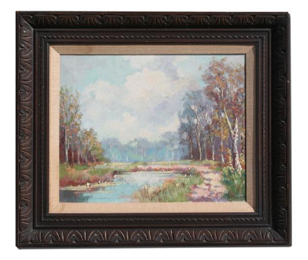 ILLEGIBLY SIGNED IMPRESSIONIST PAINTING: BONNET?, (): Meadow Landscape with Birches, OIL/Canvas, illegibly signed Bonnet?, 16" x 20", framed, 25" x 28 1/2".