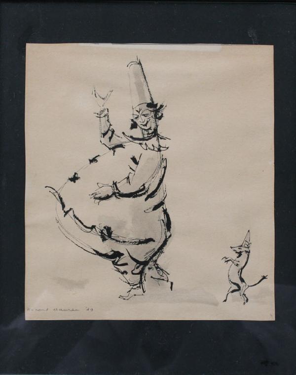 LEONARD MAURER CLOWN PAINTING: MAURER, Leonard, (American, 1912-1976): Clown and His Pet, Pen and Ink, 7'' x 6 1/2'', signed, dated '49, framed, 10'' x 8''.