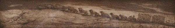 LEHMAN DEATH VALLEY ETCHING: LEHMAN, Mary Anna, (American, 1920-): "20 Mules Leaving Death Valley", Etching, sight size 4 1/4" x 22 1/2", pencil signed, numbered 31/75, titled in the margin, framed, 6" x 24".