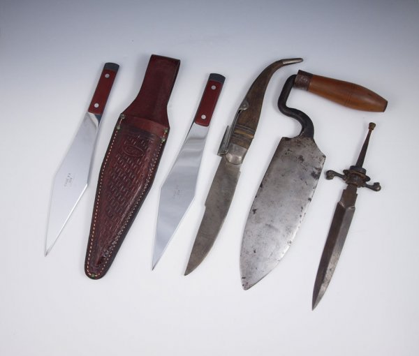 4 PIECE COLLECTION OF KNIVES & TOOL: 4 PIECE COLLECTION OF KNIVES & TOOL: To include 1) Unique D. R. Barton & Co. Rochester, NY edged tool, possibly a trowel. 9" blade, 13 1/4" l. overall. Note pitting. 2) German dirk or boot knife with 