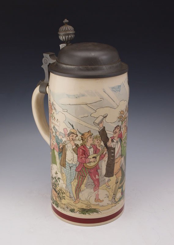 3 LITER VILLEROY & BOCH PUG STEIN: 3 LITER VILLEROY & BOCH PUG STEIN: Print under glaze scene of German festival scene. 3 liter stein with V & B in design, impressed 1526, 10, 99 and stamped 702 Geschutzt. Pewter lid. 13 1/2" h. x 7 1/