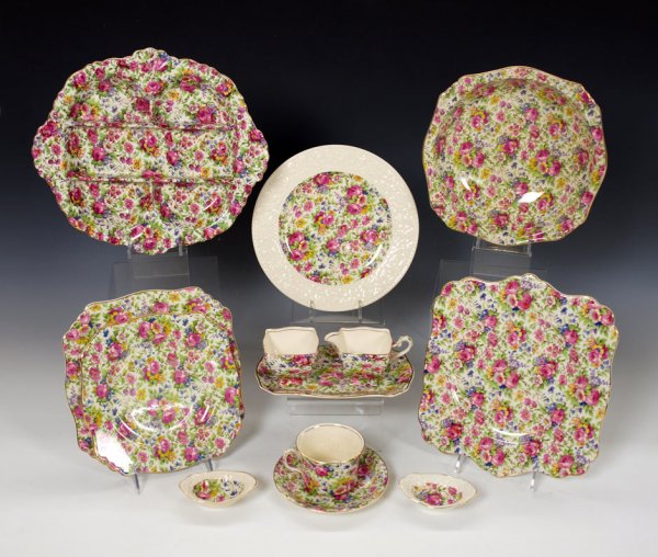 40 pc ROYAL WINTON SUMMERTIME CHINTZ DINNERWARE: ROYAL WINTON GRIMWADES SUMMERTIME CHINTZ DINNERWARE: Approx. 40 pieces to include 6 square dinner plates (8 3/4"), 8 square plates (7 3/4"), 8 square bread plates (6"), 2 salt dips, an 11 3/4" divided