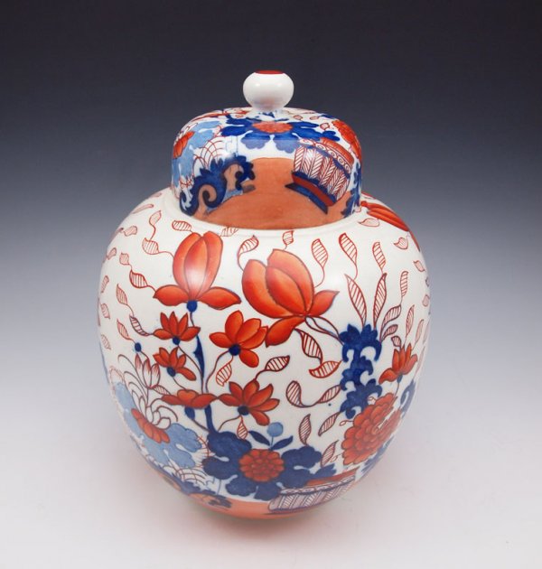 MASONS PATENT IRONSTONE GINGER JAR: MASONS PATENT IRONSTONE GINGER JAR: In the classic colors of Imari. 10.5" tall. 19th C Black ink mark.