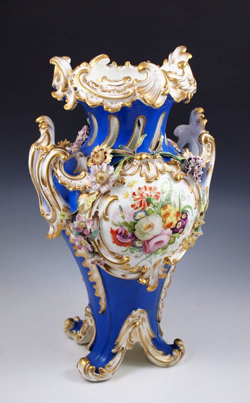 OLD PARIS FRENCH PORCELAIN VASE: OLD PARIS FRENCH PORCELAIN VASE: An outstanding example of Old Paris porcelain, the hand painted floral cartouche on the front and back mirror the applied dimensional flowers. Gold embellishment, 4 sc