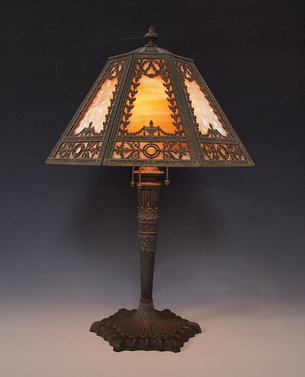 VINTAGE SLAG GLASS TABLE LAMP: VINTAGE SLAG GLASS TABLE LAMP: 6 panel caramel slag glass with cast metal base. Unsigned. Base 23" high to final x 8 1/4". Shade 8 3/4" h. x 15 1/2".