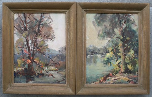PR D FRANTZ IMPRESSIONIST LANDSCAPE PAINTINGS: FRANTZ, Dorothy, (American, 20th C.): Pair of Autumnal Impressionist Landscapes, O/CB's, 16'' x 12'', signed, matching wooden frames, 20'' x 16''. Frantz was a noted Brown County Indiana, artist and i