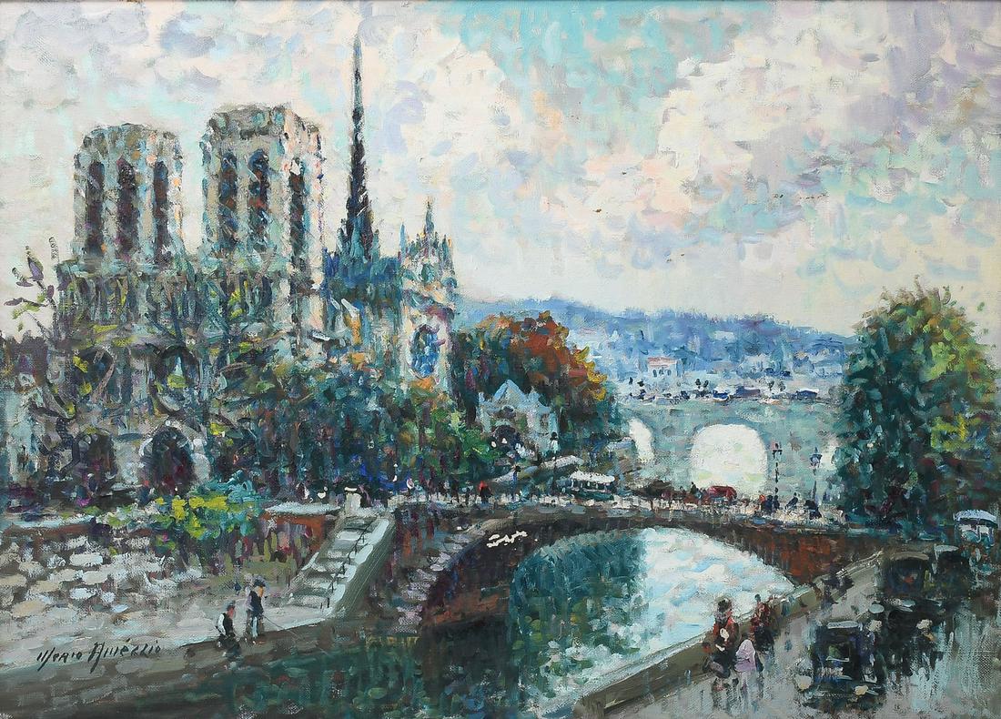 MERIO AMEGLIO NOTRE DAME PAINTING: AMEGLIO, Merio, (French/Italian, 1897-1970): Notre Dame, Oil/Canvas, 21.25" x 28.75", signed lower left, signed and titled on the canvas verso, framed, 26" x 33.5".