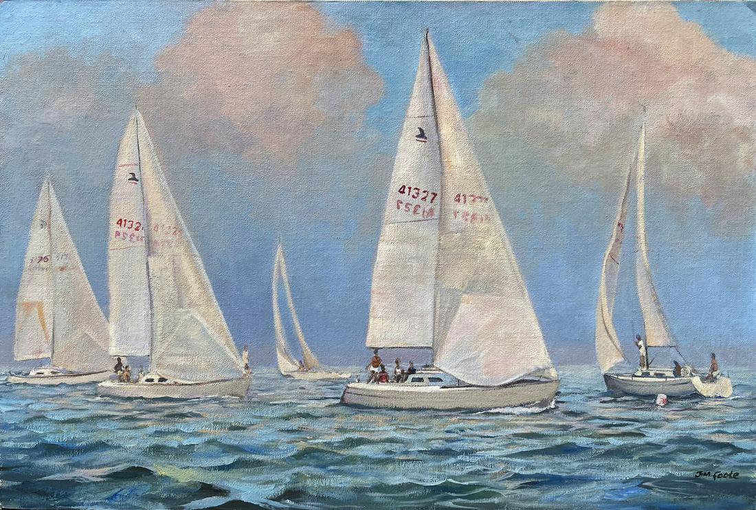 JIM FOOTE SEA BOATS: FOOTE, Jim, (American, 1925-2004): Sailboat Regatta, Oil/Canvas mounted on board, 20.25'' x 30.25'', signed lower right, unframed.