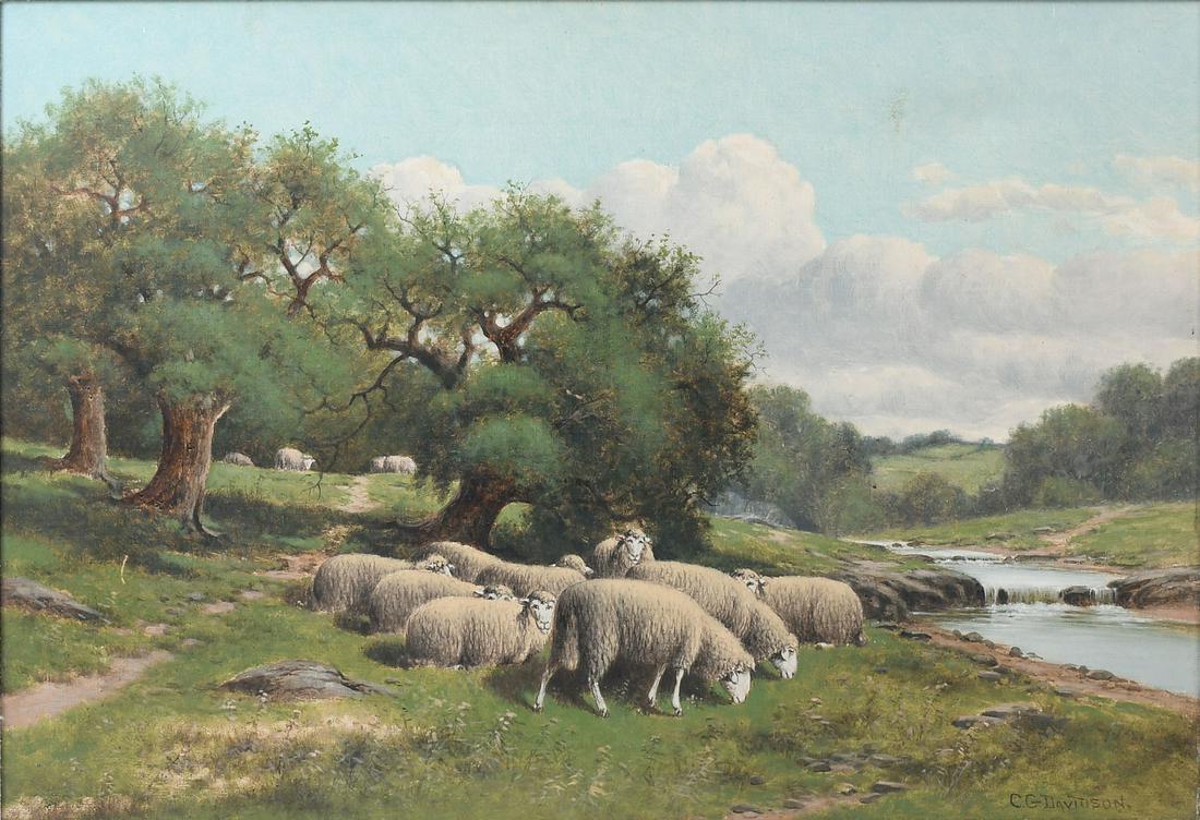 C.G. DAVIDSON LANDSCAPE WITH SHEEP PAINTING: DAVIDSON, Charles Grant, (American, 1865-1945): Country Landscape with Flock of Sheep, Oil/Canvas, 18" x 26", signed lower right, framed, 22" x 29.75".