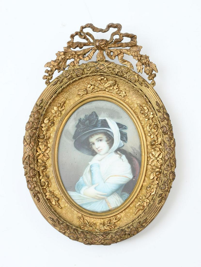 MINI AFTER ROMNEY OF LADY HAMILTON S. ANDRES: MINI AFTER ROMNEY OF LADY HAMILTON S. ANDRES: Miniature Portrait Painting of a Woman Wearing A Bonnet, Oval, 3" x 2.25", signed "Andres", pierced metal frame, 6.25" x 4.25".