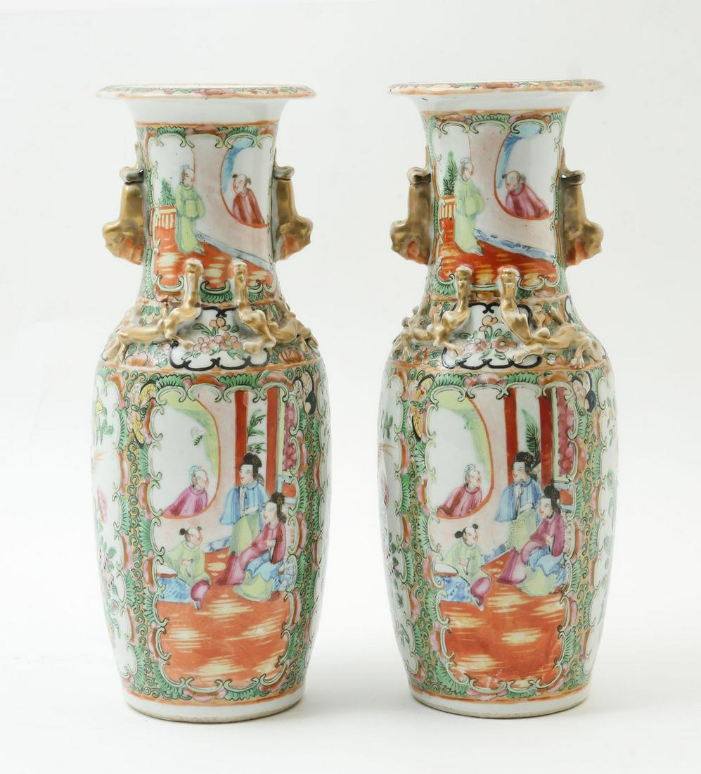 PAIR OF LATE 19TH C. CHINESE ROSE MEDALLION VASES: PAIR OF LATE 19TH C. CHINESE ROSE MEDALLION VASES: Pair of Chinese Rose Medallion porcelain vases, having windows with figural interior palace scenes & Birds and foliate scenes. Flared rims. Approx. 1