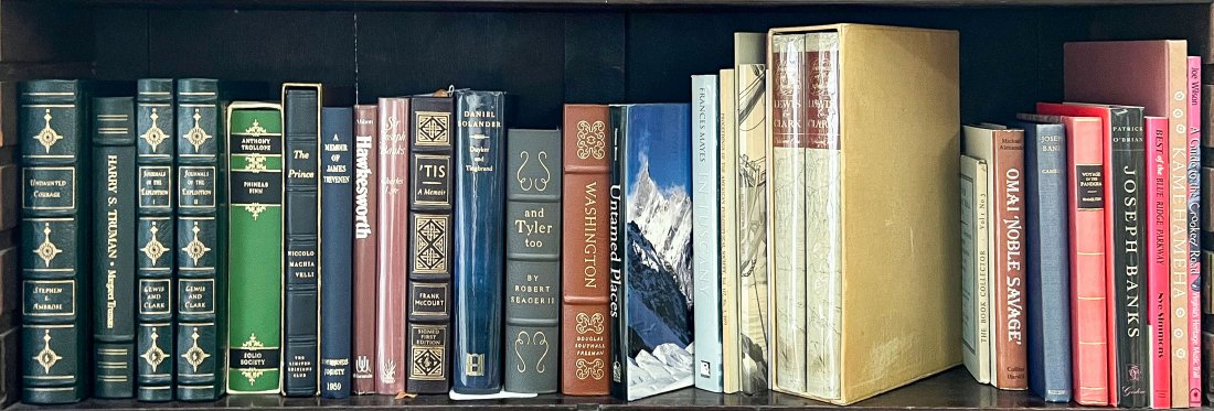 28 PC. LEATHER BOUND & EXPLORERS BOOK COLLECTION: 28 PC. LEATHER BOUND & EXPLORERS BOOK COLLECTION: Including but not limited to titles such as; Undaunted Courage, Harry S. Truman, Lewis & Clark, Sir Joseph Banks, Untamed Places, In Tuscany, Voyage i