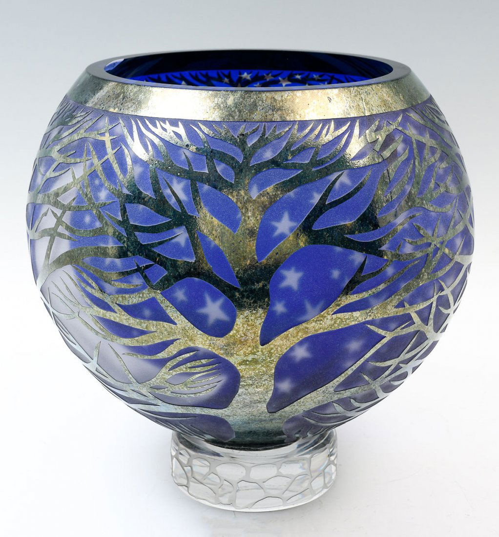 LARGE DUNCAN MCCLELLAN VASE: LARGE DUNCAN MCCLELLAN VASE: Having a blue starry winter's night with crescent moon motif, all behind barren trees with metallic accent. Signed at lower side of foot that looks like an old stone wall,