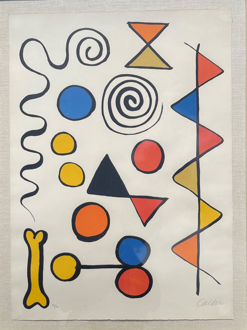CALDER LITHOGRAPH SPIRAL, SNAKE, AND BONE: CALDER, Alexander, (American/French, 1898-1976): Abstract Composition with Spiral, Snake, and Bone, 29.5" x 21.25", pencil signed lower right, numbered 50/90 lower left, gilded frame, 35" x 26"