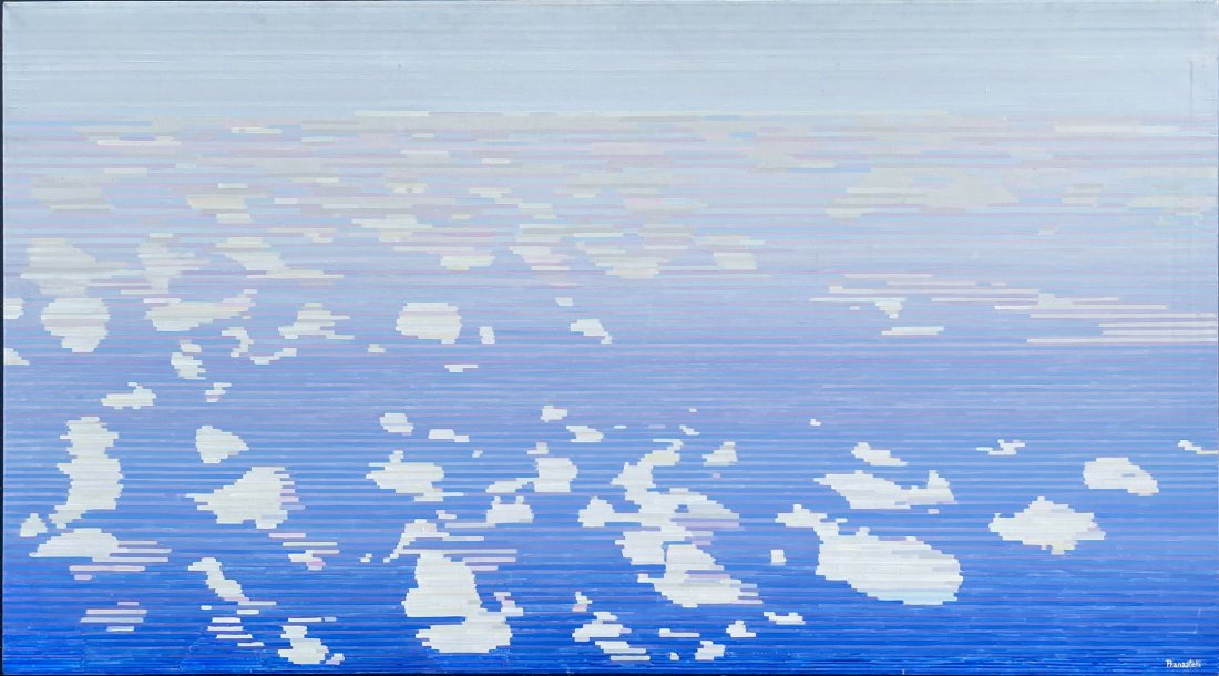 LARGE MIKE PRANZATELLI PRISMATIC CLOUD COMPOSITION: PRANZATELLI, Michael, (American, d. 2018): Prismatic Cloud Composition, Oil/Canvas, 40" x 72", signed lower right, unframed.