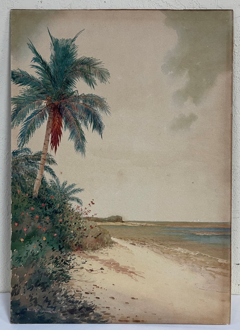 HARTWELL LEON WOODCOCK BERMUDA BEACH PAINTING: WOODCOCK, Hartwell Leon, (American/French, 1853-1929): Palm in the Dunes, "Bermuda Beach", Watercolor, 20" x 14", signed lower left and dated 1925, unframed.