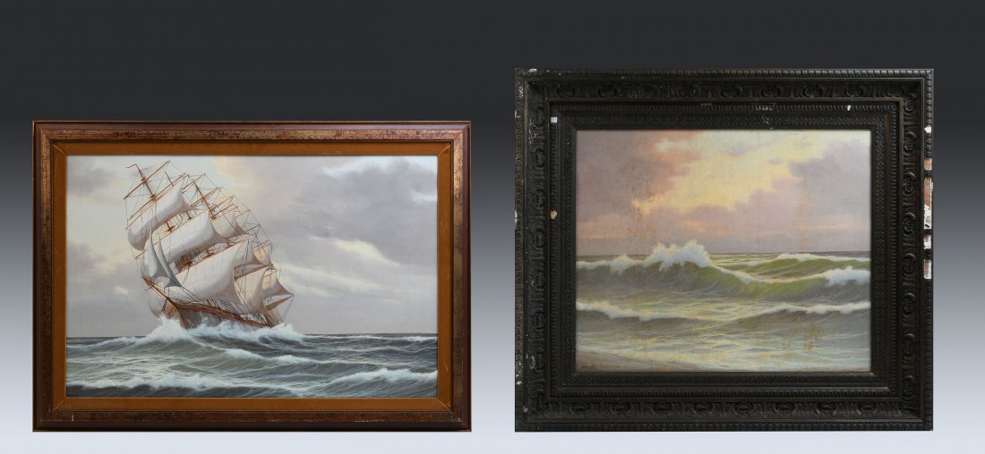 TWO MARITIME OIL PAINTINGS BY O. MELZER: TWO MARITIME OIL PAINTINGS BY O. MELZER: 1) Depicts Crashing Surf and a Setting Sun, Oil/Canvasboard, sight size 19.5" x 23.5", signed lower right, framed, 29" x 32.5"; 2) Clipper Ship at Full Sail, O