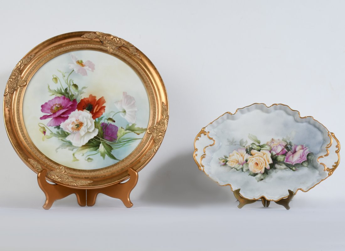 TWO CAROLE SCOTT PAINTED PORCELAIN PIECES: TWO CAROLE SCOTT PAINTED PORCELAIN PIECES: 1) Rose-Decorated Czech Tray, 10.75" x 15", signed lower right; 2) Framed Floral Still Life, sight size 13.25" in diameter, framed, 17.5", signed lower right