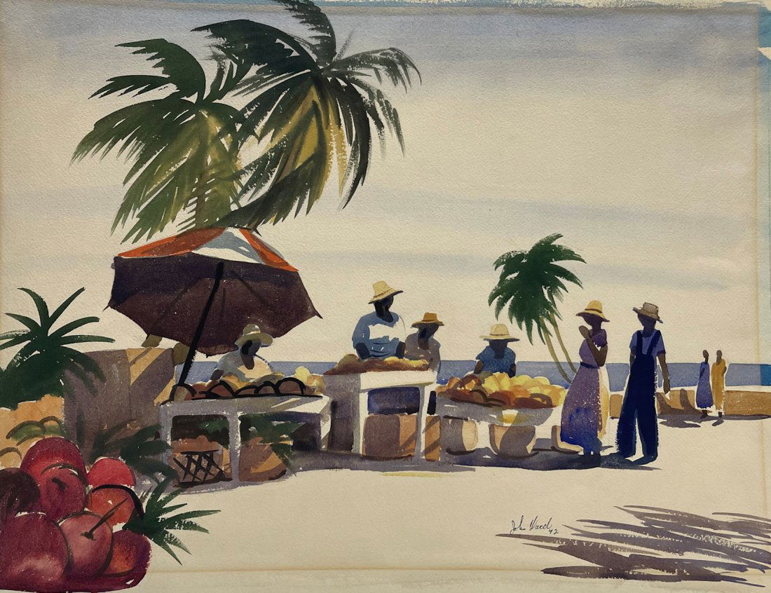 JOHN WARD TROPICAL BEACH SCENE WATERCOLOR: WARD, John, (American, 20th Century): Tropical Beach Scene with Fruit Vendors, Watercolor, 20.5" x 27", signed lower right and dated '42, unframed.