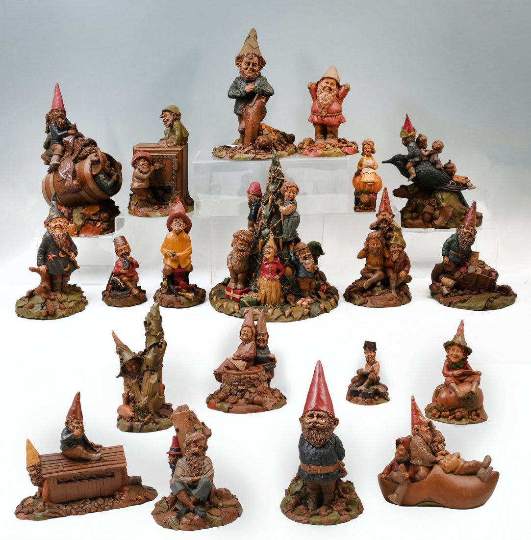20 PC. THOMAS CLARK GNOME COLLECTION: 20 PC. THOMAS CLARK GNOME COLLECTION: Cairn studio Thomas Clark gnomes, having whimsical figural scenes, of cast resin. A few ar hand signed in black marker. Largest Approx. 12.5" h x 7.75" l x 6.75" 