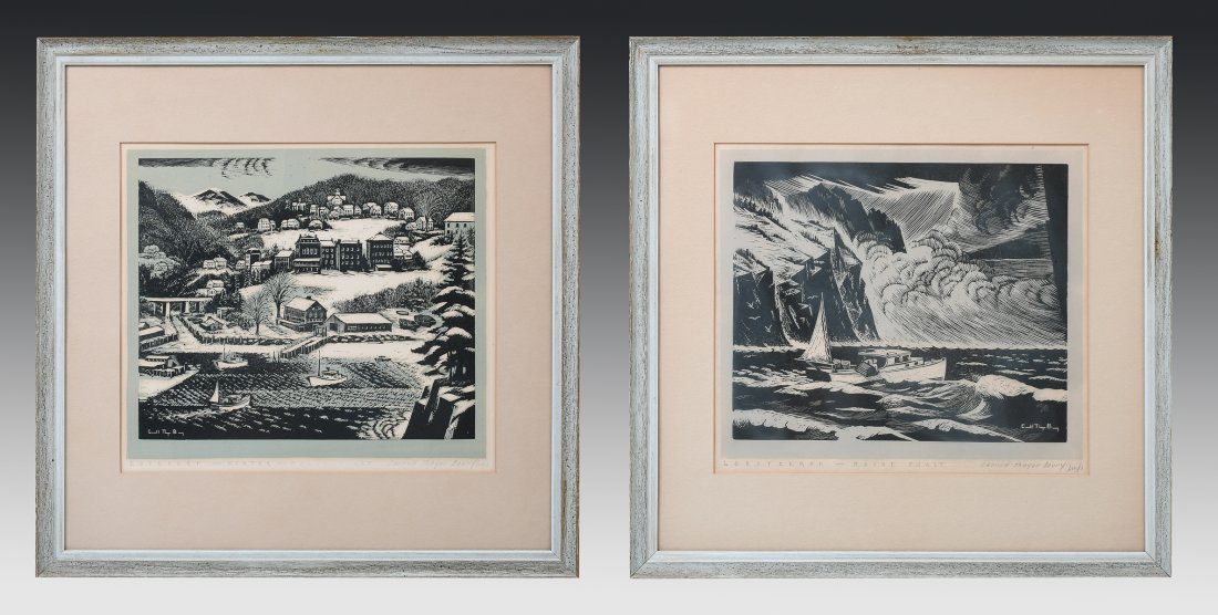 CARROLL THAYER BERRY WOODCUTS: BERRY, Carroll Thayer, (American, 1886-1978): Two Woodcuts: 1) Lobster men, Maine Coast, sight size 12" x 13.25", pencil signed lower right, titled lower left, framed, 19.5" x 19.5"; 2) Rockport-Winte