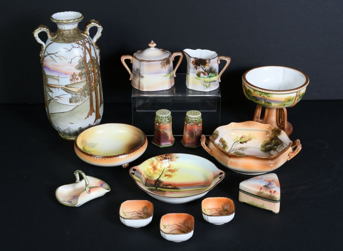 SELECTION OF NIPPON SCENIC PIECES: SELECTION OF NIPPON SCENIC PIECES: Beautiful selection of various Nippon scenic pieces to include: 1) Vase with lakeside house, 11.5" h; 2) Hand painted sugar & creamer; 3) Fall scene salt & pepper; 4