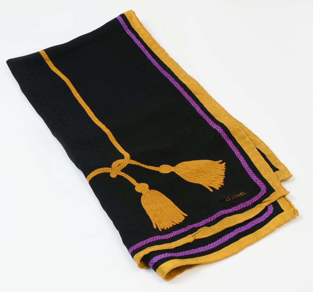 CHANEL BLACK, PURPLE & GOLD CC EMBOSSED SILK SCARF: ELEGANT CHANEL BLACK, PURPLE & GOLD CC EMBOSSED SILK SCARF: Timeless and elegant, this Chanel CC embossed scarf is very wearable for your holiday events and everyday - as a scarf, shawl or accent to t