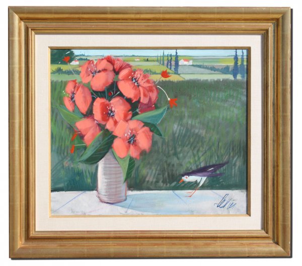 CHARLES LEVIER PAINTING GREAT FRAME: LEVIER, Charles, (French, 1920-): Flowers on a Window Sill, titled verso. "Fleurs Sur Les Champs?", 20" x 24", Oil/Canvas, signed, titled verso on canvas and gallery label, showing original price of 3