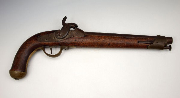 1846 EUROPEAN PERCUSSION PISTOL: 1846 EUROPEAN PERCUSSION PISTOL: Most likely from Belgium or Germany, proof mark with crown over K and dated 1846 on both barrel and lock. All matching serial number 541. K and 541 cartouch on stock a