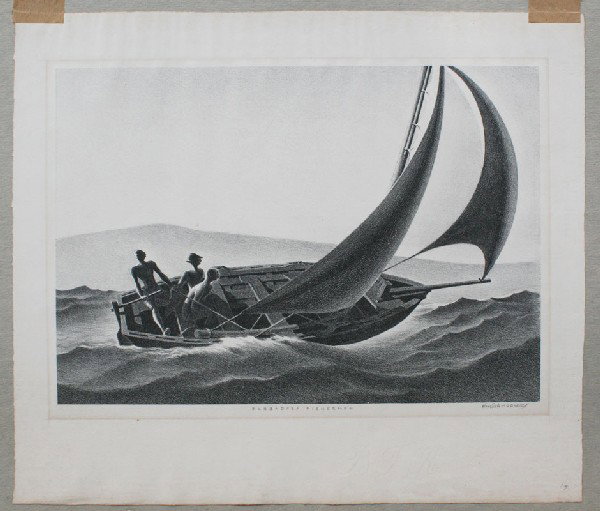 ELLISON HOOVER BARBADOS FISHERMAN LITHOGRAPH: HOOVER, Ellison, (American, 1888-1955): "Barbadoes Fisherman", Lithograph, with margins measures 14" x 16 1/4", pencil signed, titled, unframed.