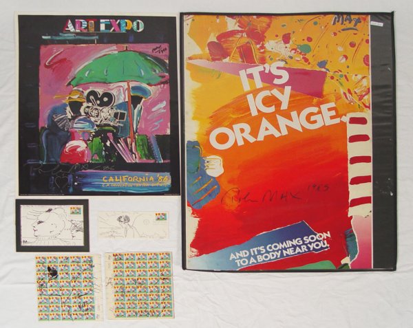 COLLECTION OF PETER MAX SIGNED MEMORABILIA: MAX, Peter, (American, 20th Cent.): Signed posters, stamps & original envelope art to include 1) 2 sheet of stamped with original artwork, signed and dated 1974. One sheet affixed to board. 10" x 8 3/