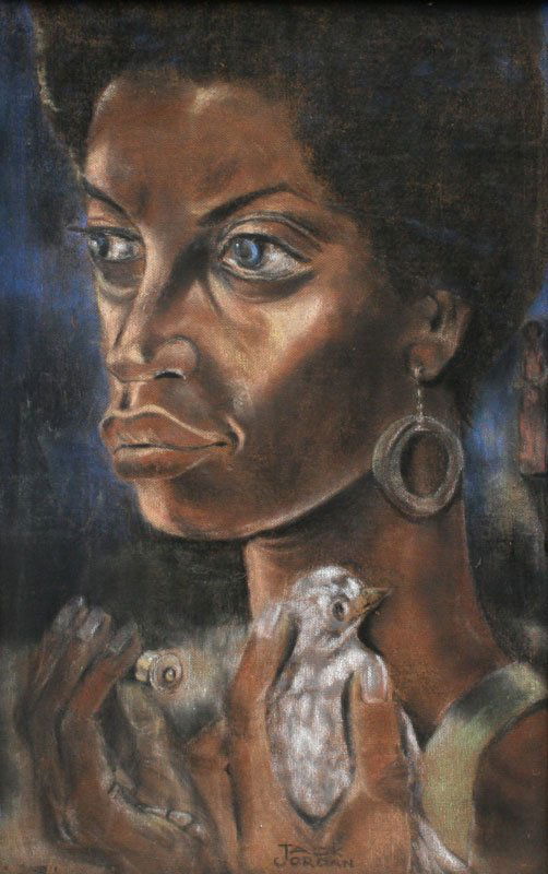 JACK JORDAN PASTEL OF ANGELA DAVIS: JORDAN, Jack, (American, 1925-1999): "Angela Davis", Pastel on Masonite, 34" x 22", label affixed verso from the Afro-American Artists' National Exhibition of Paintings Drawings and Prints, signed, fr