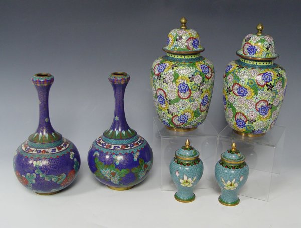 3 PAIRS CHINESE CLOISONNE VASES AND JARS: 3 PAIRS CHINESE CLOISONNE VASES AND JARS: 1) Pair of blue ground bottle neck vases, 10" tall. 2) Pair covered ginger jars, one with a mar, 9 1/2" tall. 3) Small pair of covered ginger jars, 5 1/2".