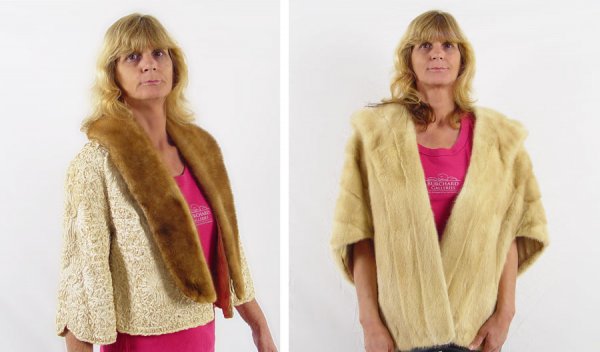 2 pc VINTAGE FUR STOLE AND A RIBBON JACKET: VINTAGE FUR STOLE AND A RIBBON JACKET: 1) "Ribbon Knit Original" label by Dolly Muff Mfg. Co.. Jacket with mink collar, 21"l. approx. 17" across the shoulders. The mink is removable for cleaning of th