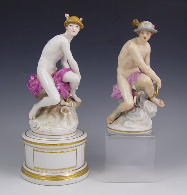2 KPM PORCELAIN FIGURES DEPICTING MERCURY: 2 KPM PORCELAIN FIGURES DEPICTING MERCURY: Each unique in detail. 1) 7 1/2" tall. Marked with the scepter, imperial orb and black cross. 2) Finer detail than the other but with loss of one wing on his