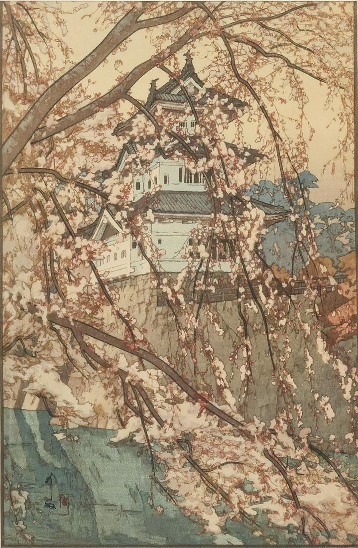HIROSHI YOSHIDA JAPANESE WOODBLOCK PRINT HIROSAKI: YOSHIDA, Hiroshi, (Japanese, 1876-1950): "Hirosaki Castle", Japanese Woodblock Print, 15.75" x 10.5", signed, framed, 19.5" x 13.5".