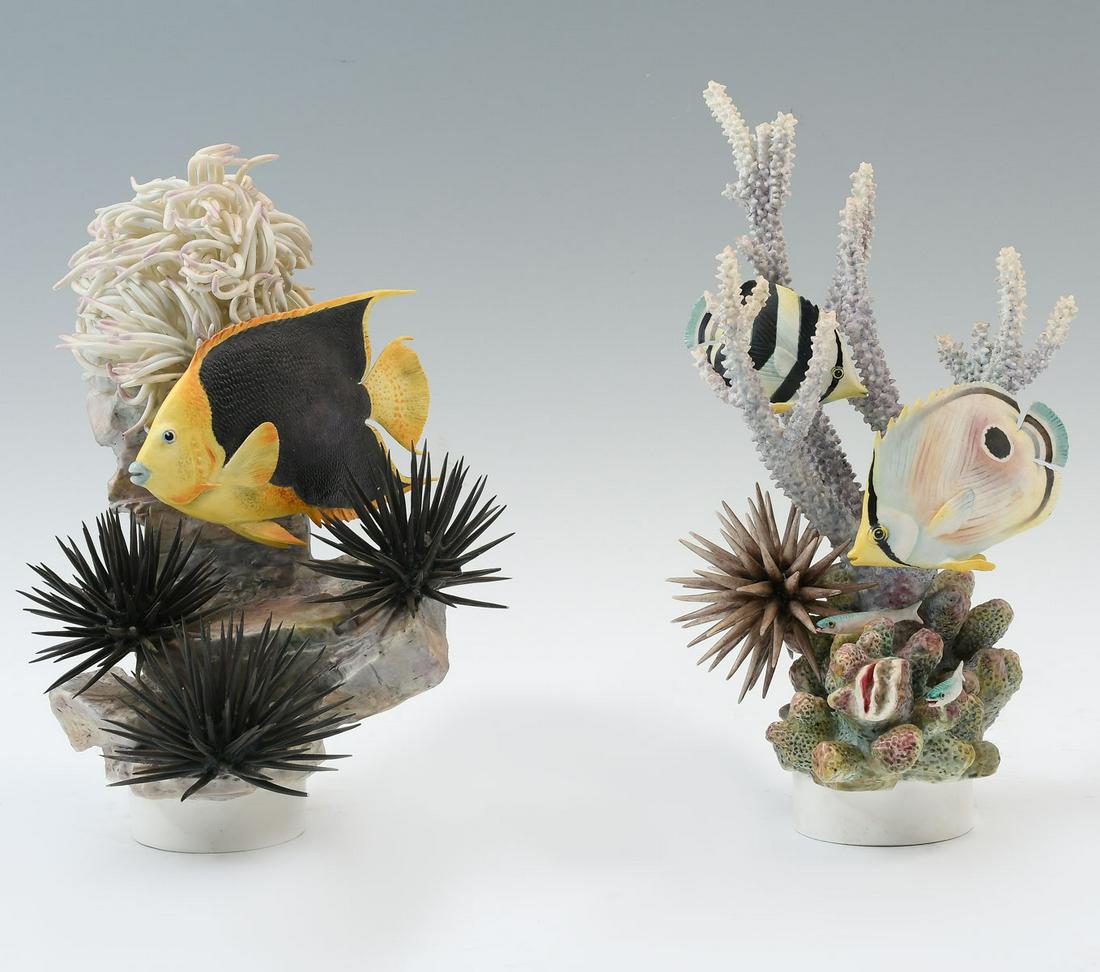 2 ROYAL WORCESTER PORCELAIN AQUATIC SCULPTURES: 2 ROYAL WORCESTER PORCELAIN AQUATIC SCULPTURES: Comprising; 1- "Rock Beauty", #344, 1963. 1- "Four-eyed and Banded Butterfly fish", #458. Largest Approx. 11.25" h x 5.75" w.