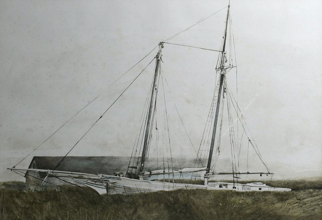 ANDREW WYETH PRINT "THE SLIP": ANDREW WYETH PRINT "THE SLIP": Printed by Triton Press Inc., sight size 18" x 25.75", framed, 26" x 34", label affixed verso.