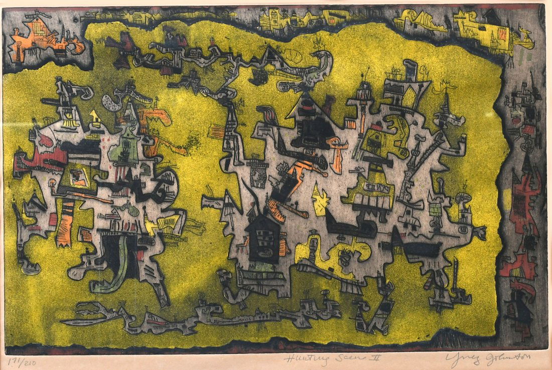 YNEZ JOHNSTON ABSTRACT ETCHING: JOHNSTON, Ynez, (American, 1920-2019): "Hunting Scene II", Abstract Etching, sight size 12.25" x 18", pencil signed lower left, titled mid-margin, numbered 171/200 lower left, framed, 18.75" x 24.25".