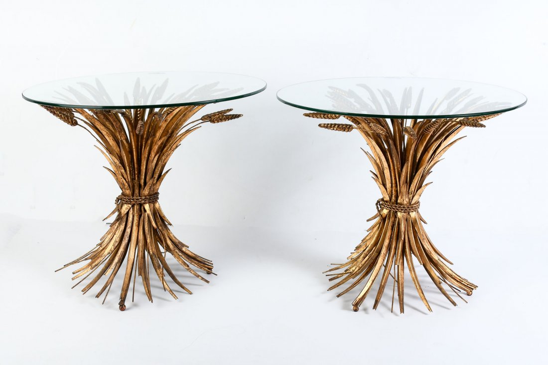 PAIR OF ITALIAN GILT WHEAT SHEATH END TABLES: PAIR OF ITALIAN GILT WHEAT SHEATH END TABLES: Pair of Gilt metal wheat sheath table bases with beveled glass tops. Approx. 18" h x 21.75" w.