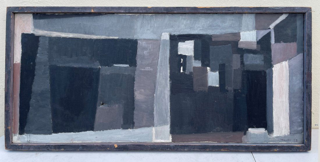 EXHIBITED MID CENTURY MODERN ABSTRACT PAINTING: MILLER, Curtis, (20th Century): "Under the Viaduct", Oil/Canvas, 18" x 39", signed lower right, dated '53, Butler Art Institute Exhibition label affixed verso, signed several times in pencil on the st
