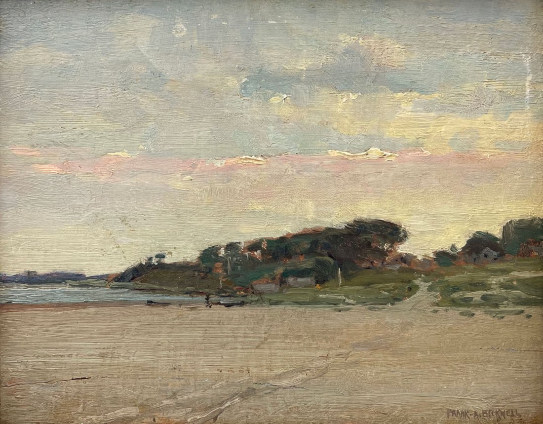 FRANK BICKNELL NORTH CHATTAM CAPE COD PAINTING: BICKNELL, Frank Alfred, (American, 1866-1943): "North Chatham, Massachusetts, Cape Cod", Oil/Wood Panel, 8" x 10", signed lower right, faintly titled in pencil verso, framed, 10.5" x 12.5".