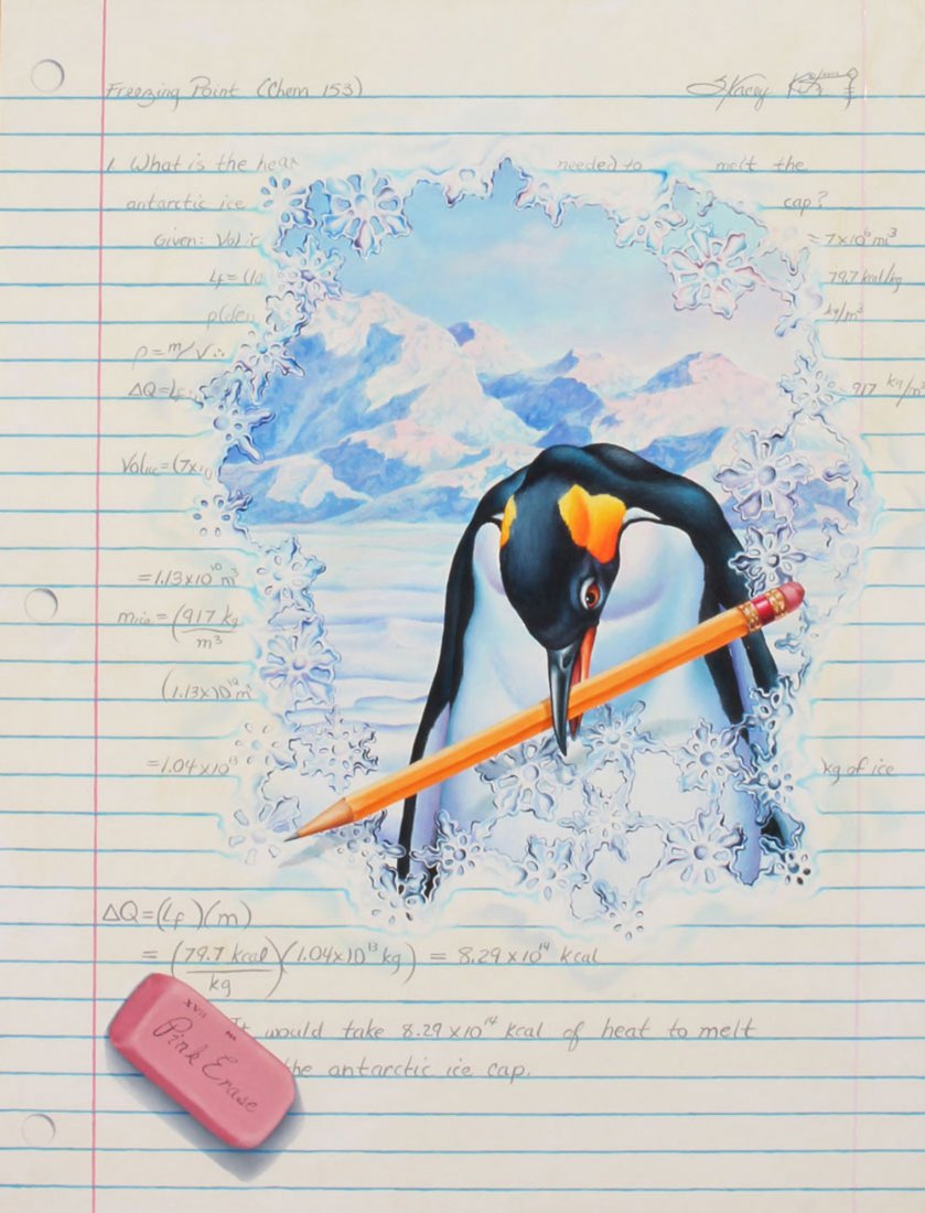 FREEZING POINT PAINTING S. KACEY: FREEZING POINT PAINTING S. KACEY: Trompe L'oeil Style Picture with Penguin, Oil/Masonite, sight size is 32.50'' x 25'', signed upper right and dated 2000, titled upper left, framed 37'' x 29.50''.