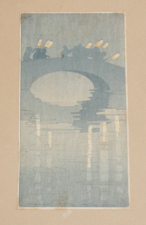 BERTHA LUM WOODBLOCK: LUM, Bertha, (American, 1879-1974): Woodcut of Figures Holding Lanterns on a Bridge at Night, 9 1/2" x 5", pencil signed, copyright 1913, 1/14, encased in original worn wooden frame with veneer loss, 
